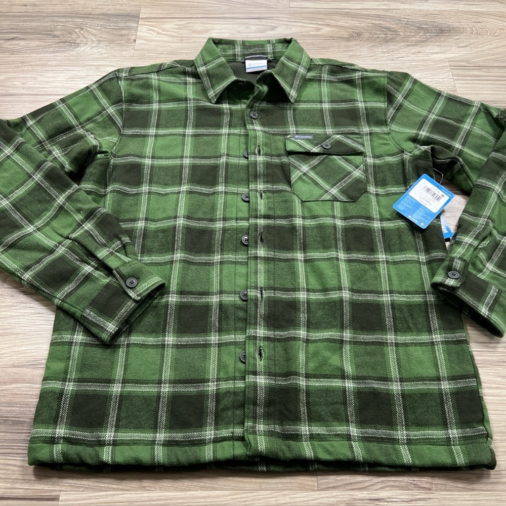 Columbia Hill View Button Up Shirt Jacket Green Flannel Fleece Lined Mens Medium